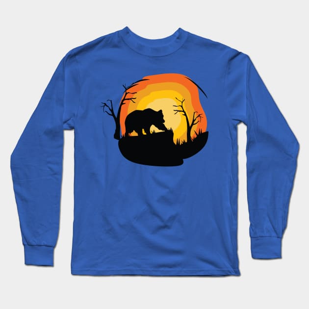 bear sunset silhouette Long Sleeve T-Shirt by Mako Design 